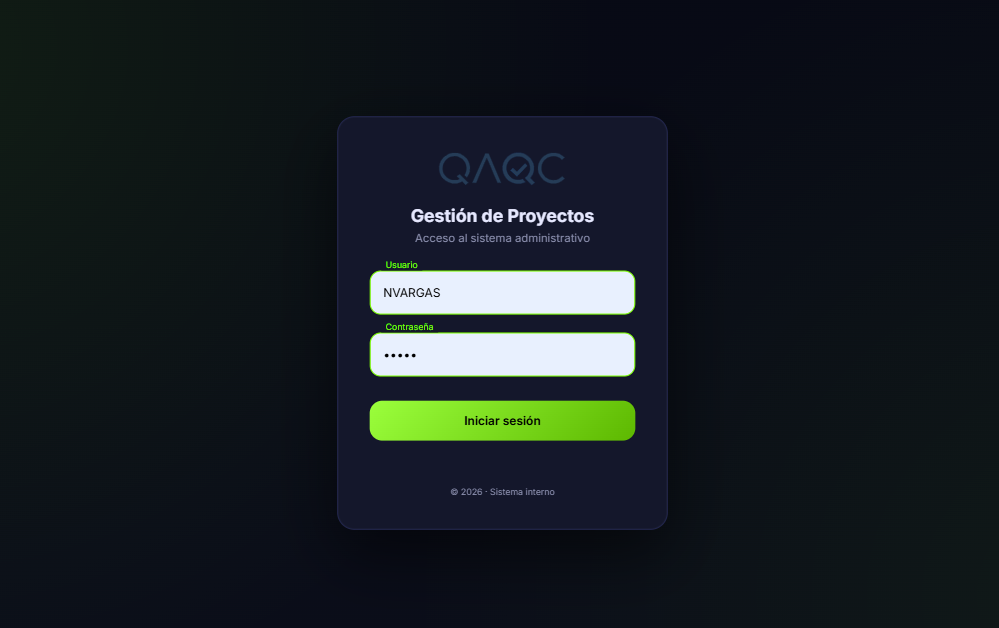 Vista principal del sistema Control de Calidad